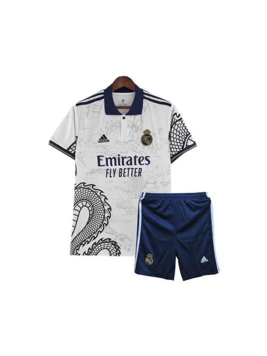 Kids-Real-Madrid-Dragon-Edition-White-Jersey-And-Shorts-23-24-Season-Premium-Front Kids-Real-Madrid-Dragon-Edition-White-Jersey-And-Shorts-23-24-Season-Premium-Front