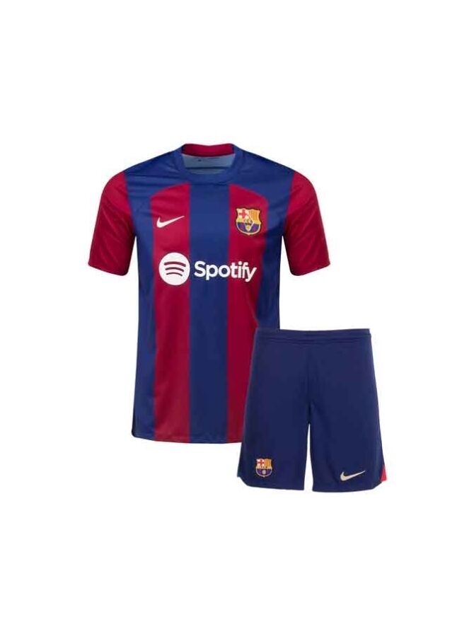 Kids-Barcelona-Home-Jersey-And-Shorts-23-24-Season-Premium-Front