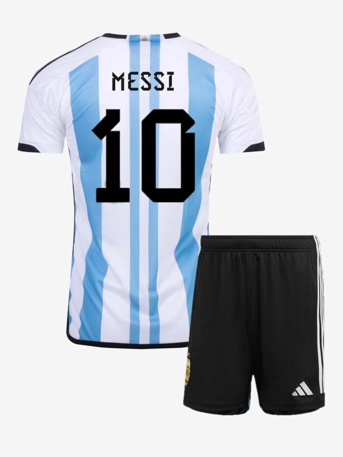 Argentina Home 3 Star 2022 World Cup Lionel Messi Jersey And Shorts Back