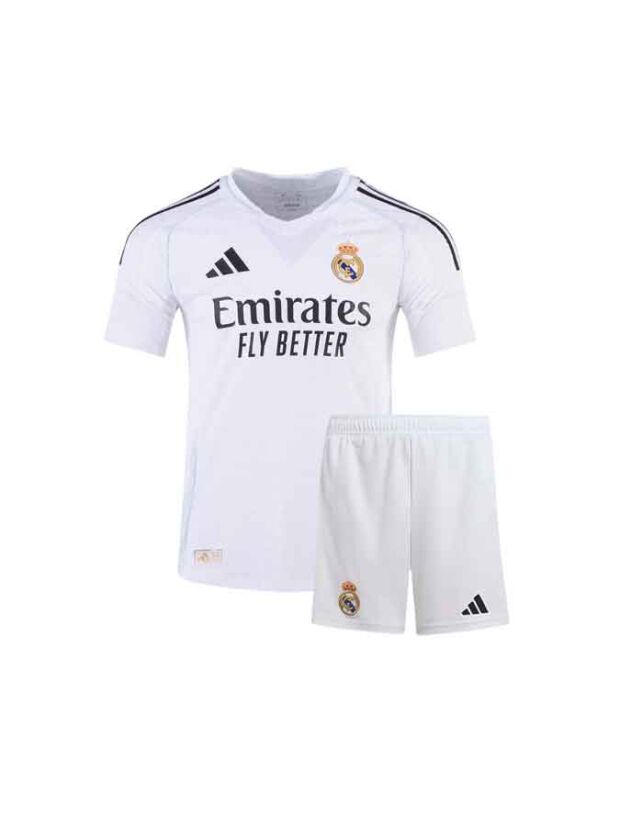 Kids-Real-Madrid-Home-Jersey-And-Shorts-24-25-Season