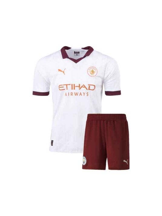 Kids-Manchester-City-Away-Jersey-And-Shorts-23-24-Season-Front Kids-Manchester-City-Away-Jersey-And-Shorts-23-24-Season-Front